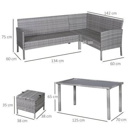 Outsunny 5-delige tuinmeubelset, rotan zitgroep met voetenbank, metaal, grijs, 142 x 60 x 75 cm