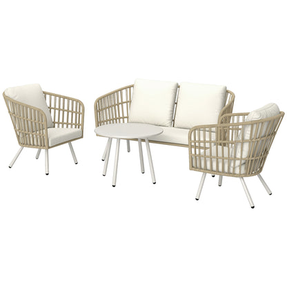 Outsunny tuinmeubelset van polyrotan loungeset met 2-zitsbank, fauteuil, tafel, kussens, weerbestendig voor 4 personen, khaki