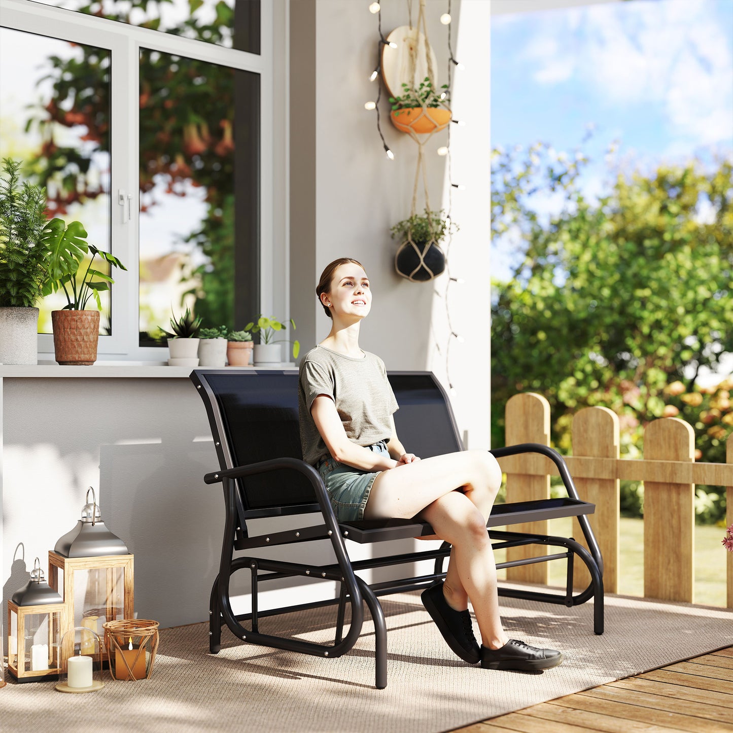 Outsunny -zits schommelstoel tuinbank met schommelmechanisme, draagvermogen tot 200 kg, 120 x 70 x 85 cm, zwart