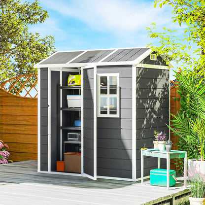 Outsunny tuinhuis, tuinhuis met vloer, raam, afsluitbare deur, kunststof, weerbestendig, grijs