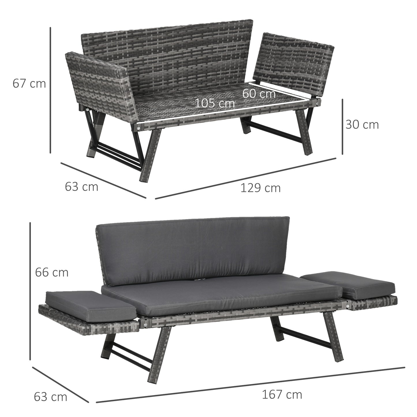 Outsunny Polyrattan Tuinbank 2-Zits Tuinmeubel Loungebank Tuinbank Tuinligstoel Opvouwbare Armleuningen Staalgrijs 129 x 63 x 67 cm