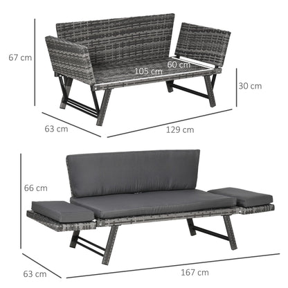 Outsunny Polyrattan Tuinbank 2-Zits Tuinmeubel Loungebank Tuinbank Tuinligstoel Opvouwbare Armleuningen Staalgrijs 129 x 63 x 67 cm