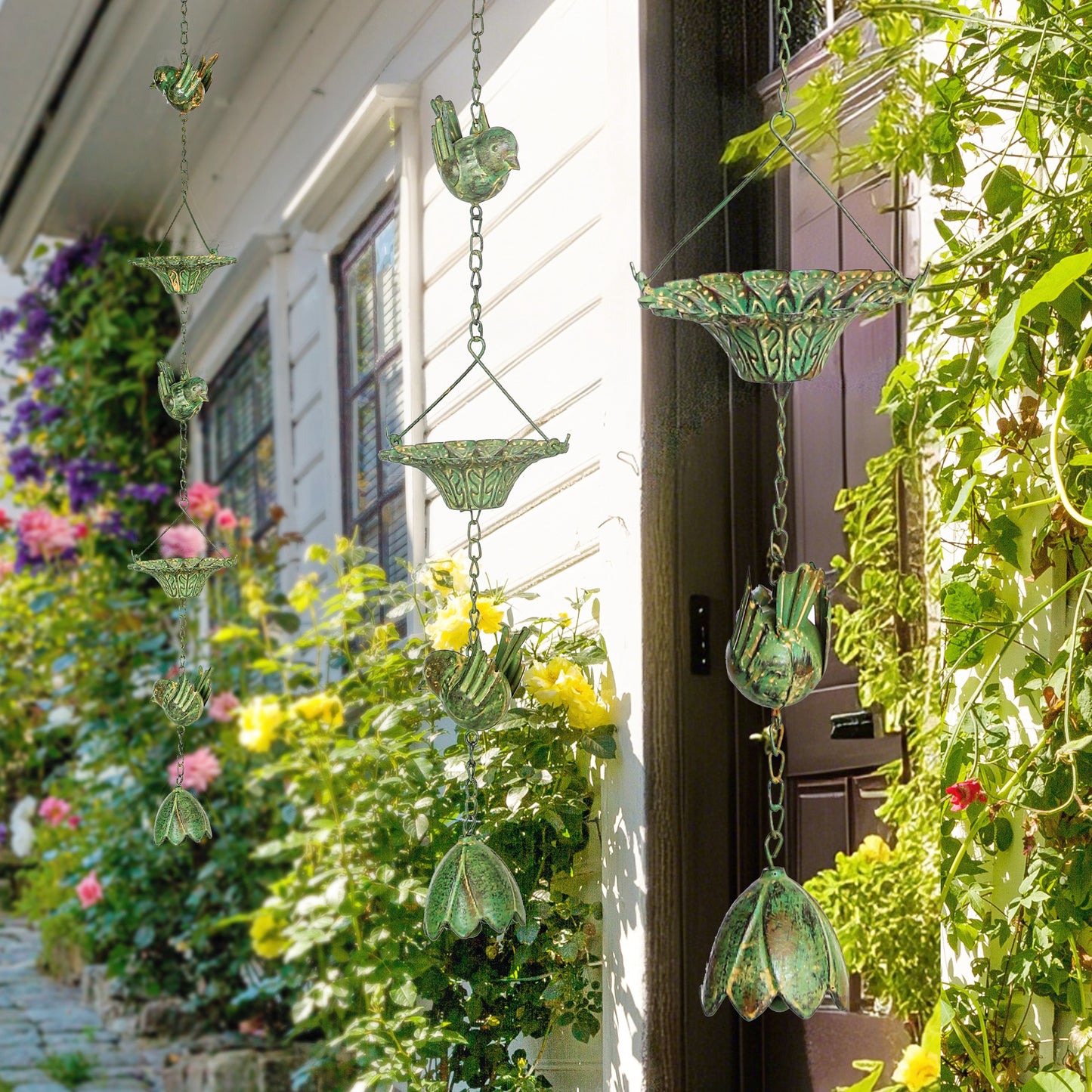 Outsunny 3-delige set regenketting, 123cm, metalen regenafvoerketting met ophangoog, vogelmotief, belgroen