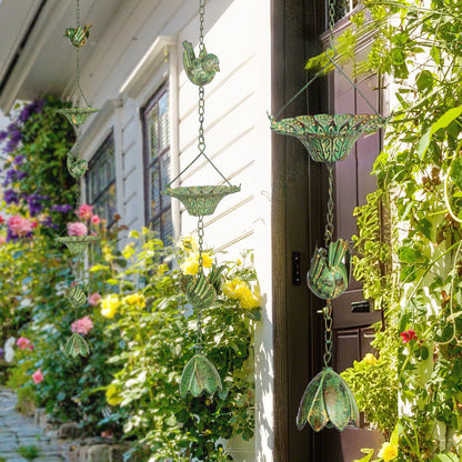 Outsunny 3-delige set regenketting, 123cm, metalen regenafvoerketting met ophangoog, vogelmotief, belgroen