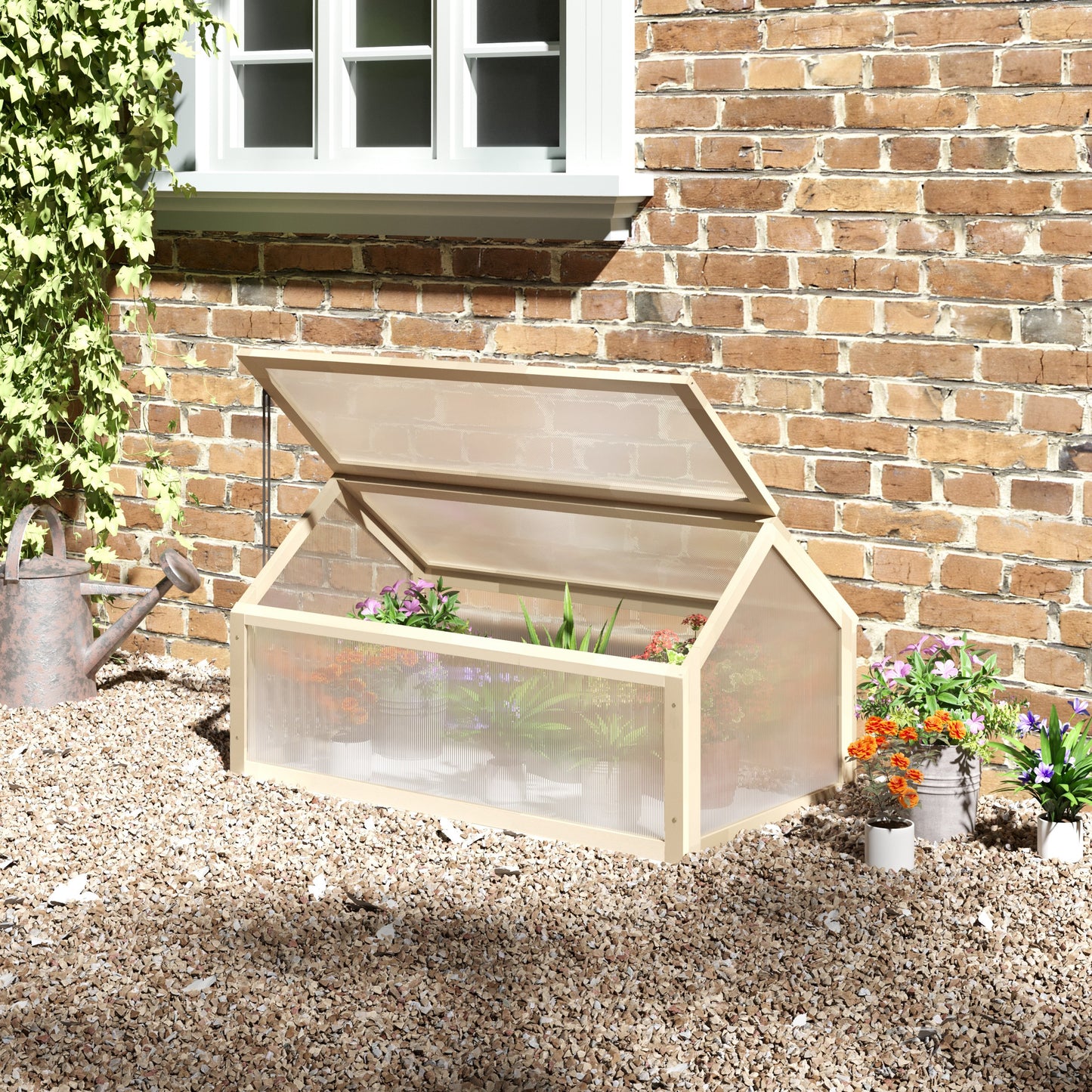 Outsunny Mini Kas, Compacte Plantenkas van Hout, Polycarbonaat Panelen, Ventilatieopening, 90L x 52B x 49,5H cm, Naturel
