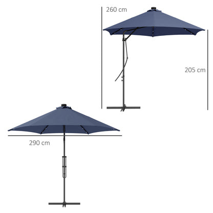 Outsunny tuinparasol, zweefparasol, LED's, zonnepaneel, weerbestendig, incl. beschermhoes, Ø290 x 260 cm, donkerblauw