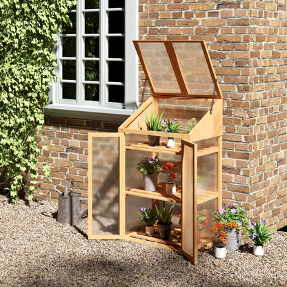 Outsunny Mini Greenhouse, kleine kas met houten frame, raam en dubbele deur, 3 planken, 70L x 50B x ??120H cm, Bruin