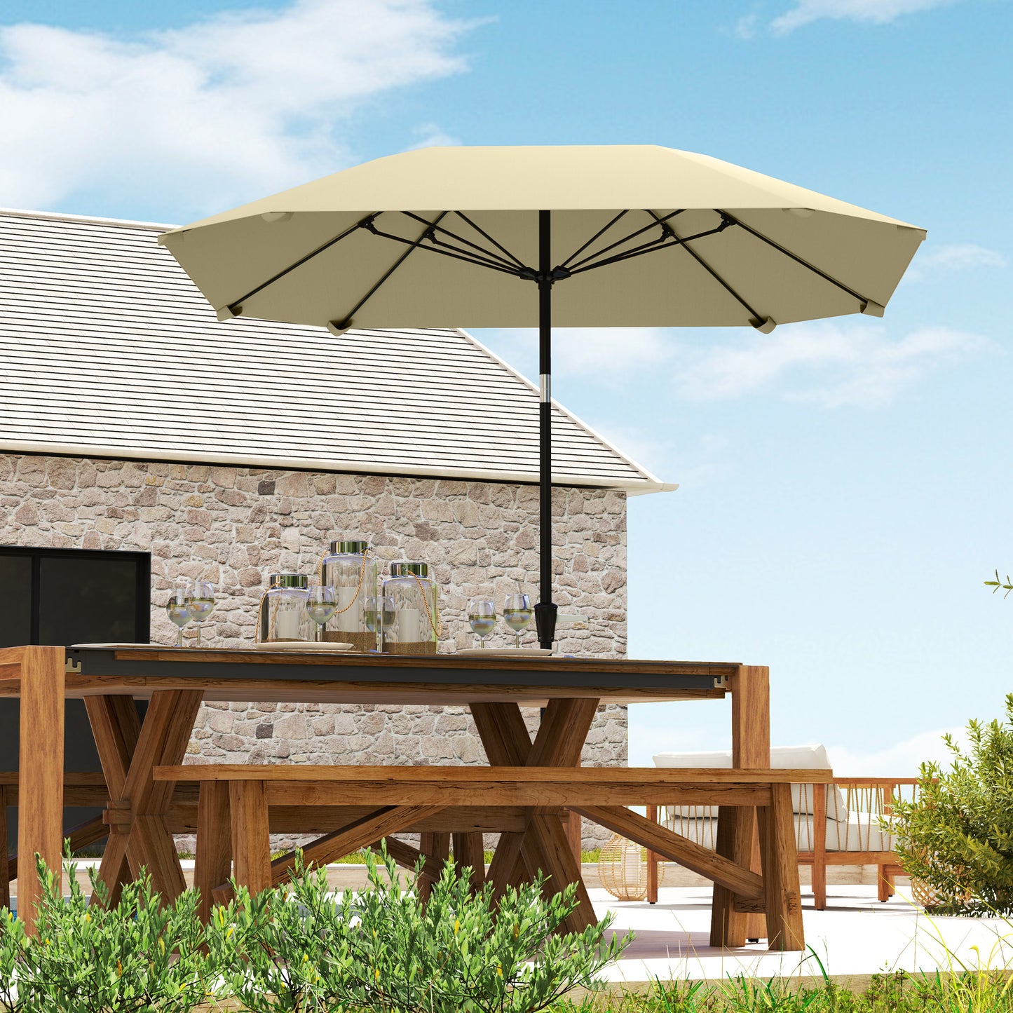 Outsunny 2,3 m parasol zonder voet, verstelbare terrasparasol met slinger, polyester, aluminium, glasvezel, beige