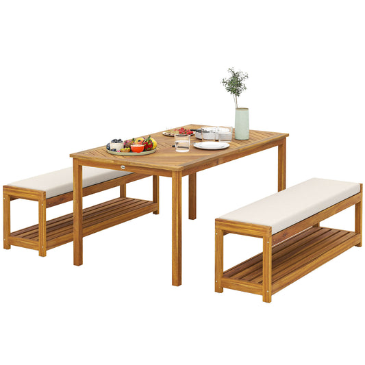 Outsunny 3-delige tuinmeubelset, zitset inclusief 1 eettafel met parasolgat, 2 banken 150 x 85 x 75 cm teak